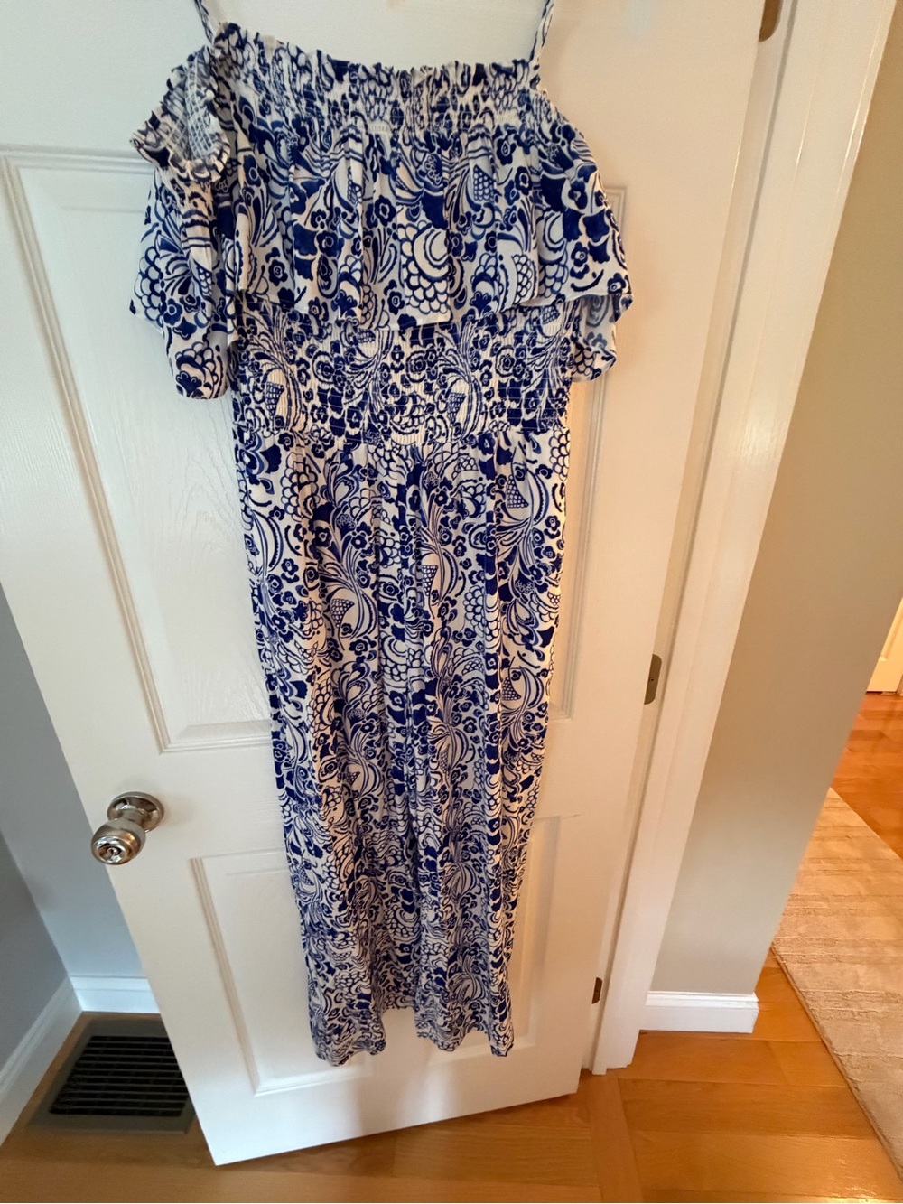 Tommy Hilfiger Blue and White Paisley Off-Shoulder Jumpsuit